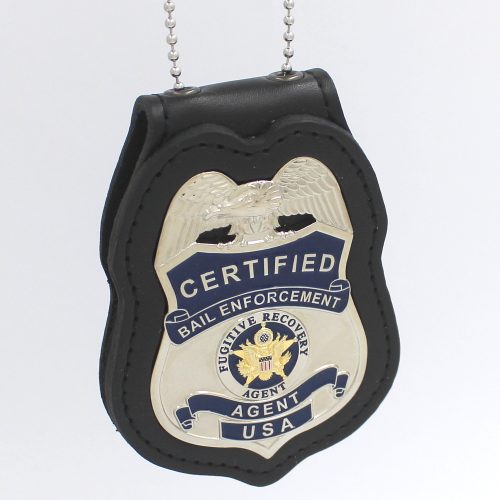 Bail Certified Fugitive Recovery Agent Metal Badge 2 3/4 Inch & Leather Holder Silver